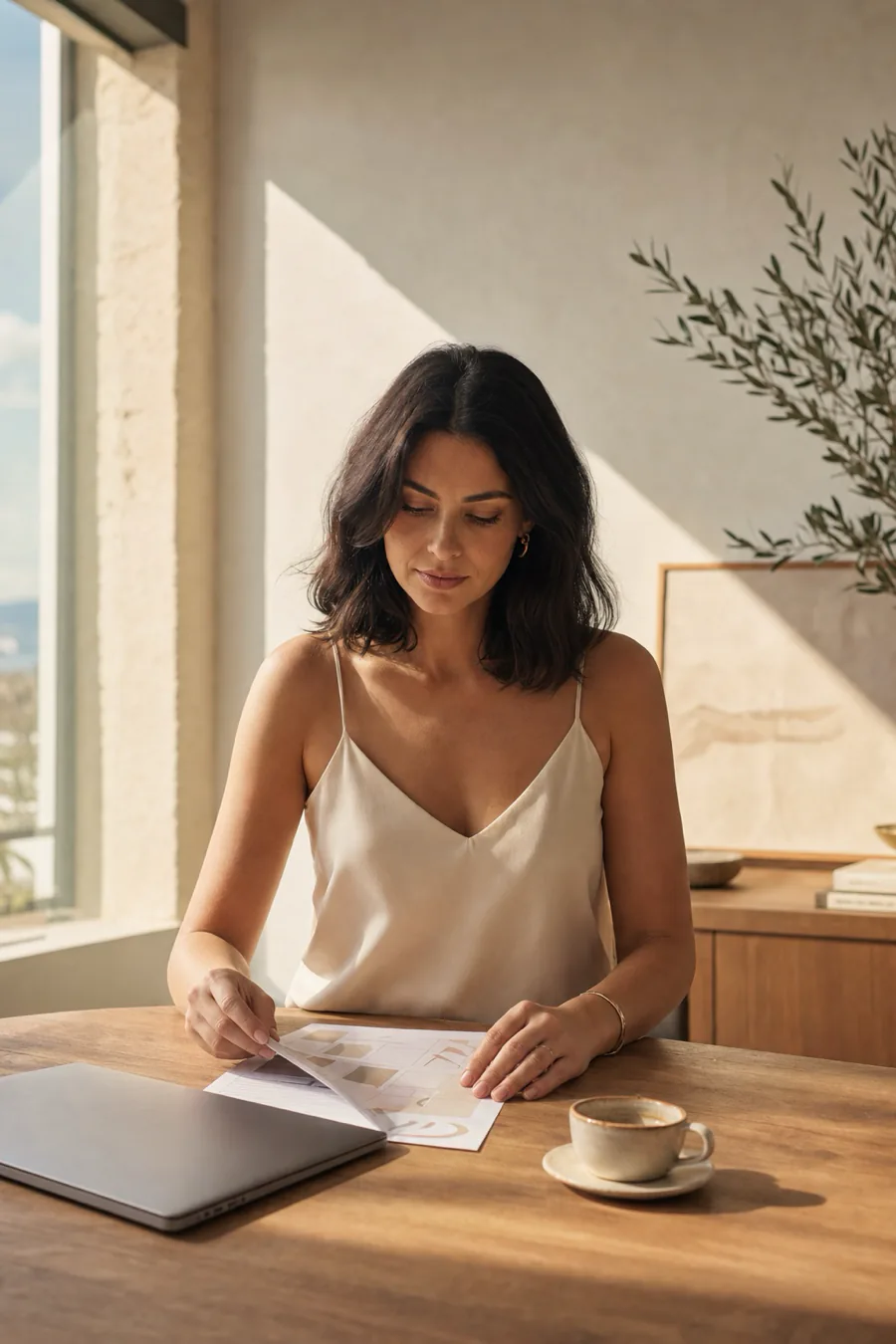 Claire Hayes reviewing a content strategy at a sunlit desk