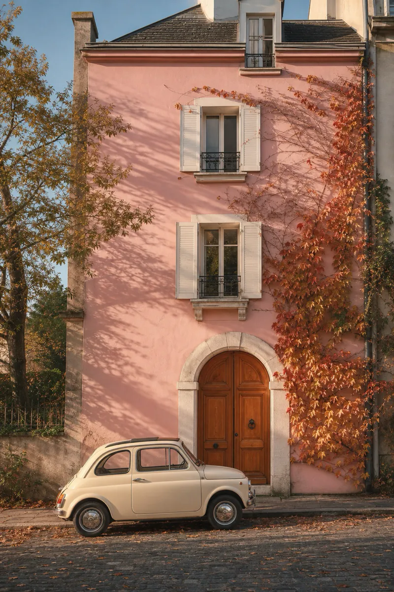 Pastel townhouse and a vintage cream car