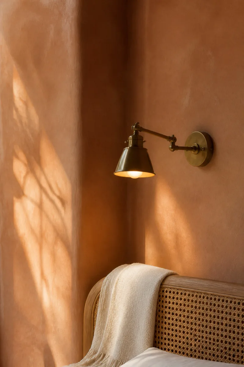 Warm interior with terracotta wall and brass light