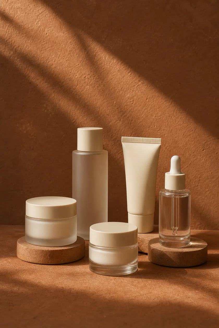 Cream skincare products on a warm terracotta backdrop for Sóleil Skin
