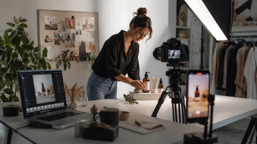 Founder styling skincare products on a studio set with a camera and softbox