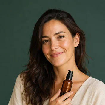 Boutique wellness founder smiling with an amber skincare bottle