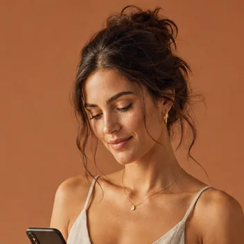 Woman in a linen slip dress holding a phone