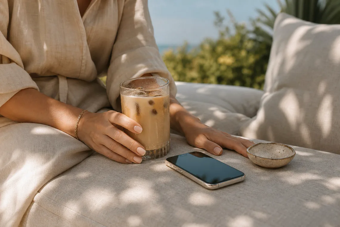 Hands holding an iced coffee beside a phone on an outdoor linen sofa