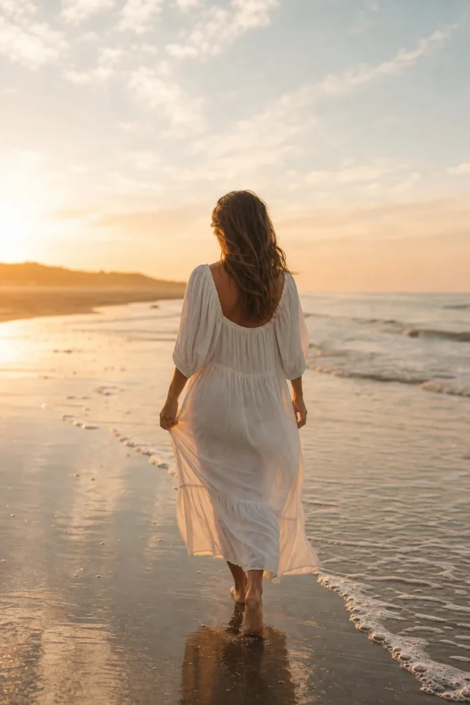 Woman in a flowing white dress walking along the shoreline at golden hour