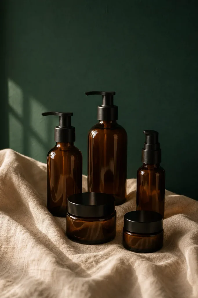 Amber glass skincare bottles against a deep emerald wall for Maren & Co