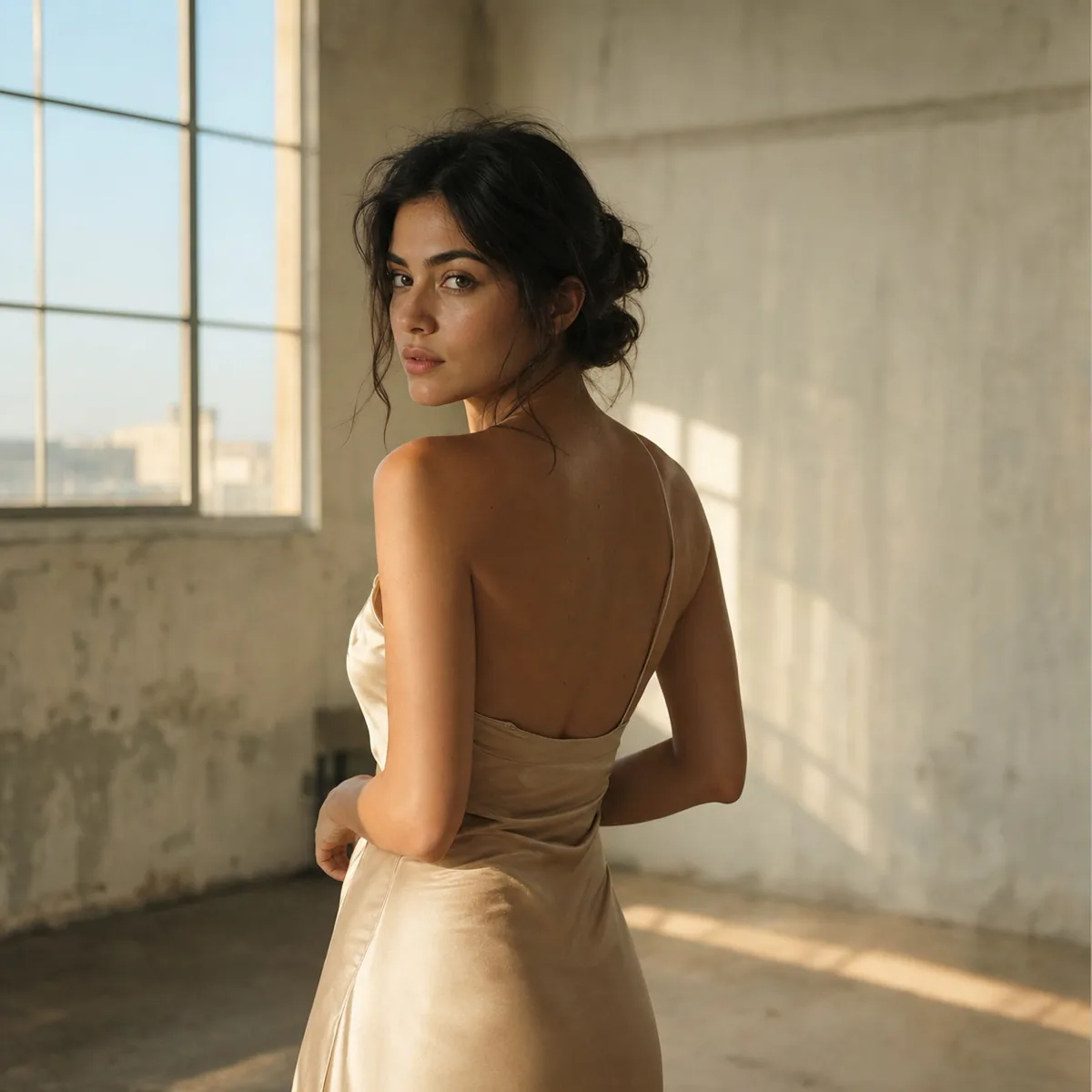 Candid portrait of Claire in a slip dress lit by a warm window